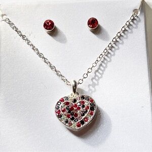 18" HEART NECKLACE & EARRINGS JEWELRY SET Rhinestone Silvertone